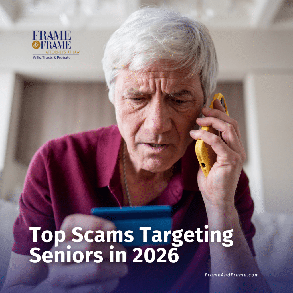 Senior man on the phone looking concerned while reviewing a credit card, representing common scams targeting seniors in 2026
